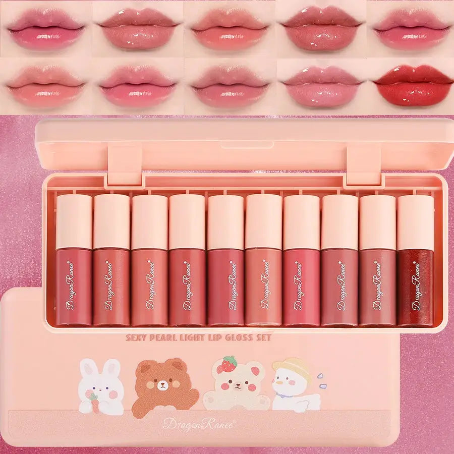 LuxeLips Set Of 10 Shimmer Lip Glosses Moisturizing Formula Non Sticky Long Lasting Pearlescent Shine