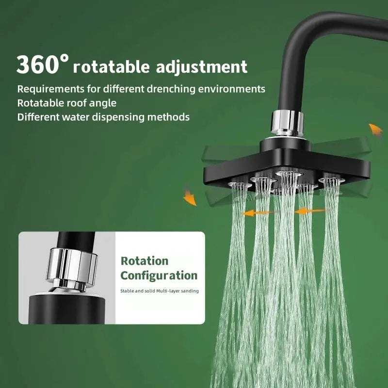 360° rotatable pressurized shower head in black with chrome accents, large rainfall spray.