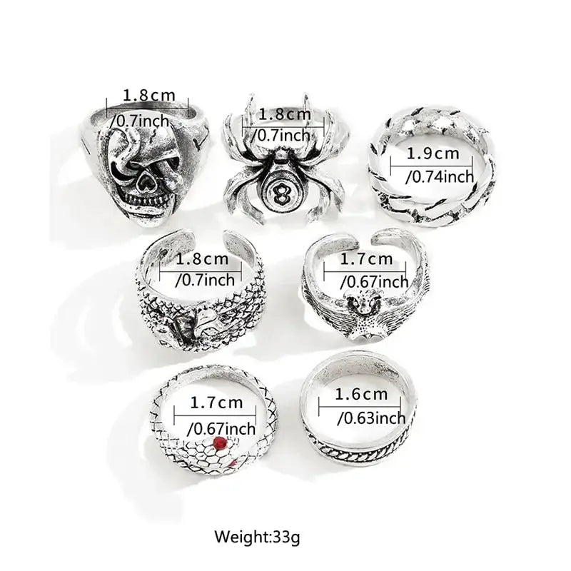 Punk Gothic Skeleton Ring Set Unisex Jewelry Grunge Butterfly Frog Motifs Hip Hop Street Style Ring Gift 2024