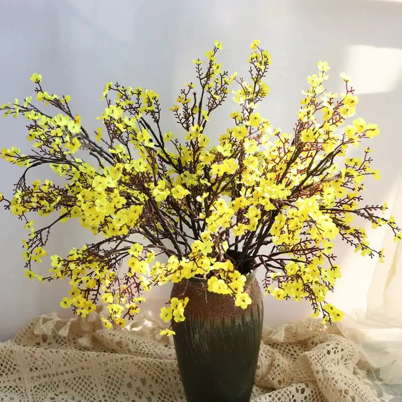 Artificial yellow cherry blossom gypsophila branches in dark vase, Simples Market quarter pack for wedding bouquet