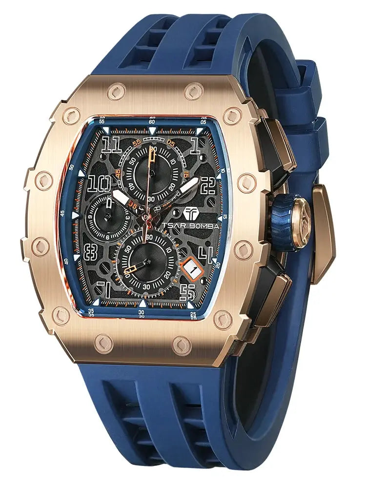 TSAR BOMBA men's watch by Simples Market, blue silicone strap, rose-gold stainless steel case, skeleton dial.