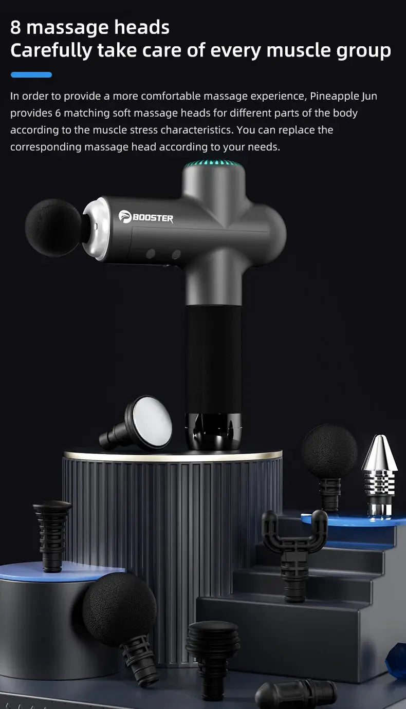 Booster massage gun by Simples Market with 8 heads and neck massager attachment in dark gray