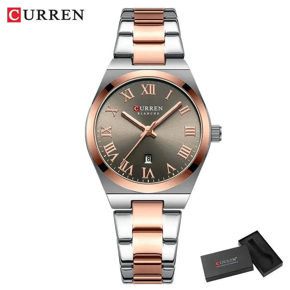 Curren women's watch with rose-gold bezel and two-tone stainless steel bracelet, Roman numeral dial and date window