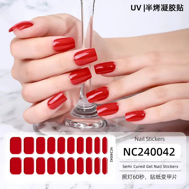 Red gel nail wrap set NC240042, 16/20/22 tips, full cover, semi-cured, waterproof for UV lamp
