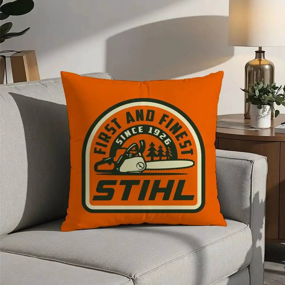 STIHL chainsaw logo throw pillow, orange plush cover with double-sided print.