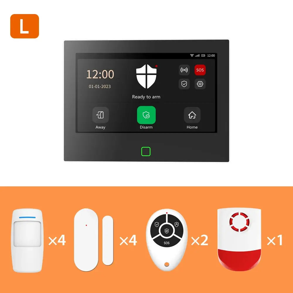 Staniot 7-inch wireless home alarm system by Simples Market; 4 motion sensors, 4 door sensors, 2 remotes, 1 siren