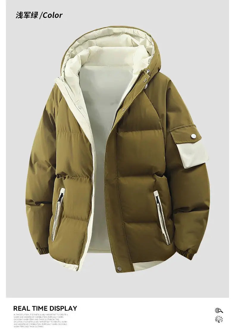 Men's olive puffer hooded jacket with white lining, front zip and zippered pockets.