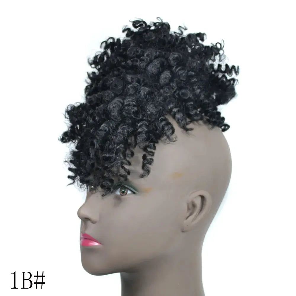 Afro puff updo drawstring ponytail with bangs, black kinky-curly synthetic hairpiece, color 1B