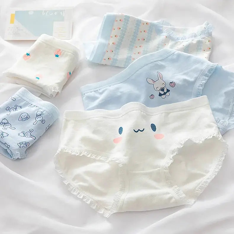 Simples Market girls cotton panties set in pastel blue and white with bunny faces and lace trim