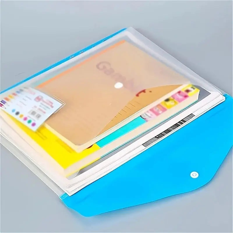 6pc A4 binder pocket plastic envelopes in a blue binder with clear file sleeves