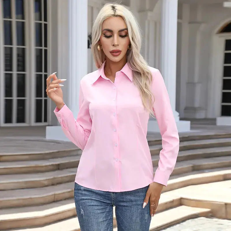 Women's pink chiffon button-down blouse by Simples Market, long sleeves, turn-down collar, OL top