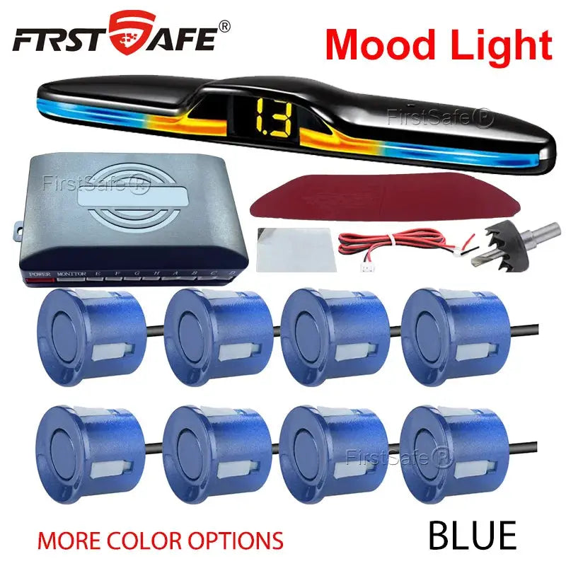 FirstSafe 8-sensor front-and-rear parking sensor kit with mood-light display bar, blue sensors