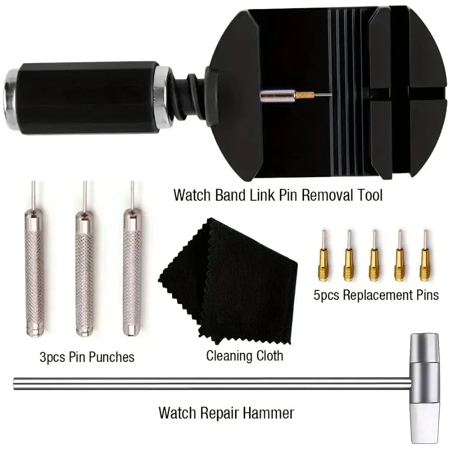 Watch Band Link Pin Removal Tool Kit by Simples Market with 3 pin punches, 5 replacement pins, cleaning cloth and hammer