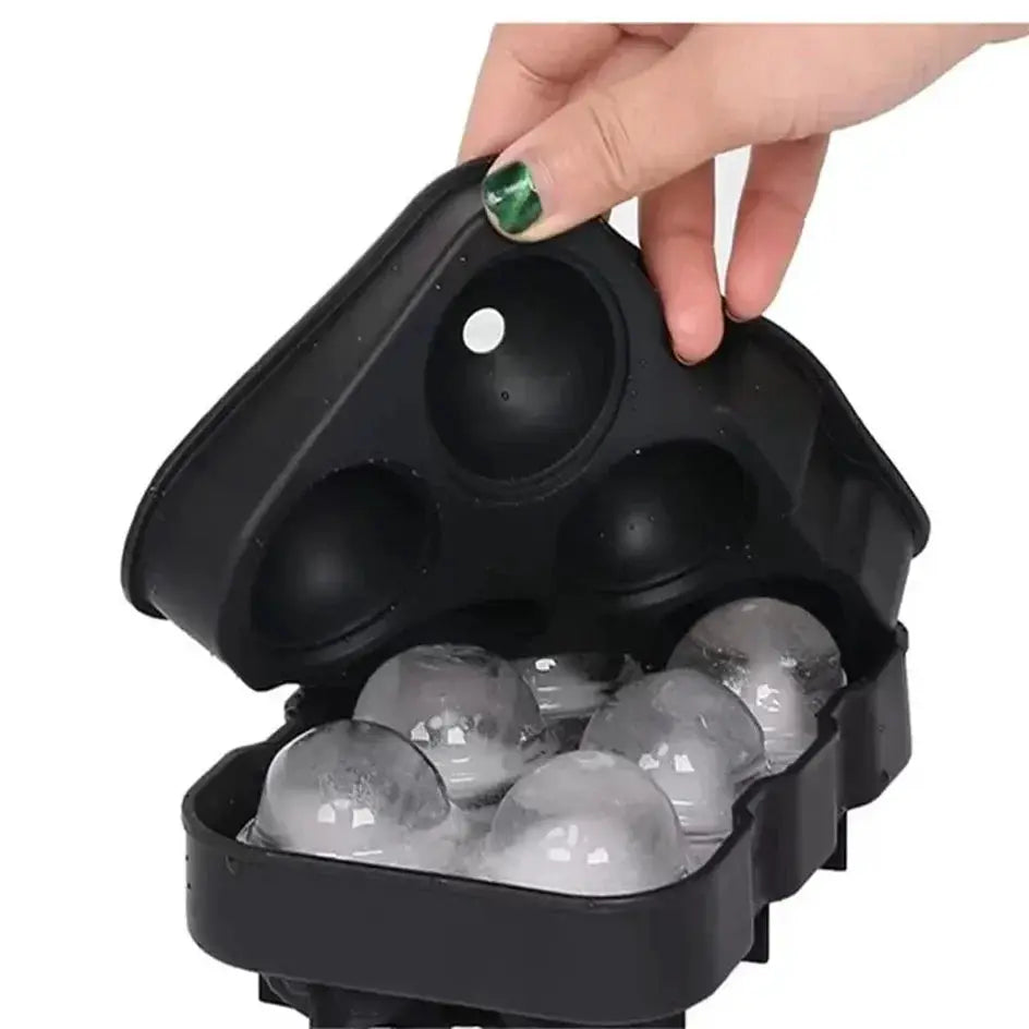 Black silicone ice cube mold with lid for whiskey, 4/6/8 grid and spherical ice balls.