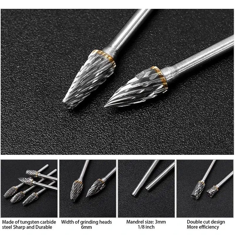 Carbide Burr Set 10 Piece One Eighth Inch Shank Double Cut Tungsten Rotary Burrs for Metal Wood Carving and Polishing