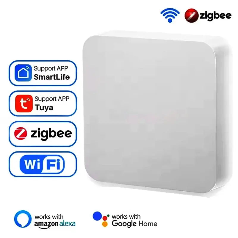 Tuya Zigbee 3.0 Gateway Hub in white square, supports Smart Life and Tuya apps with Zigbee and WiFi icons