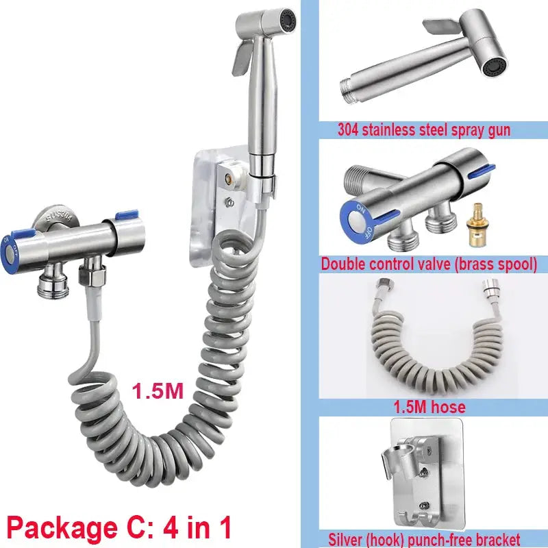 Simples Market 4-in-1 handheld sink spray system with 1.5m hose, 304 stainless steel spray gun, brass valve, and punch-free bracket.