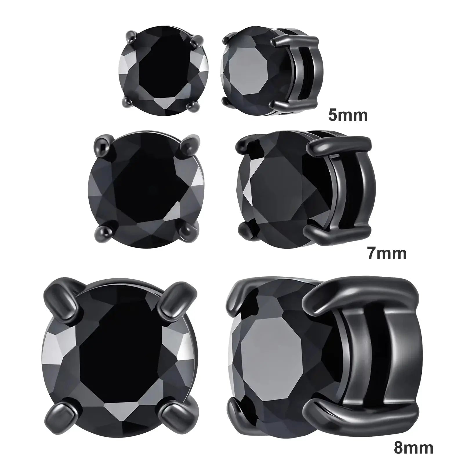 Simples Market punk round zircon magnetic ear studs set, stainless steel, black stones; non-piercing, six pieces in 5/7/8mm sizes