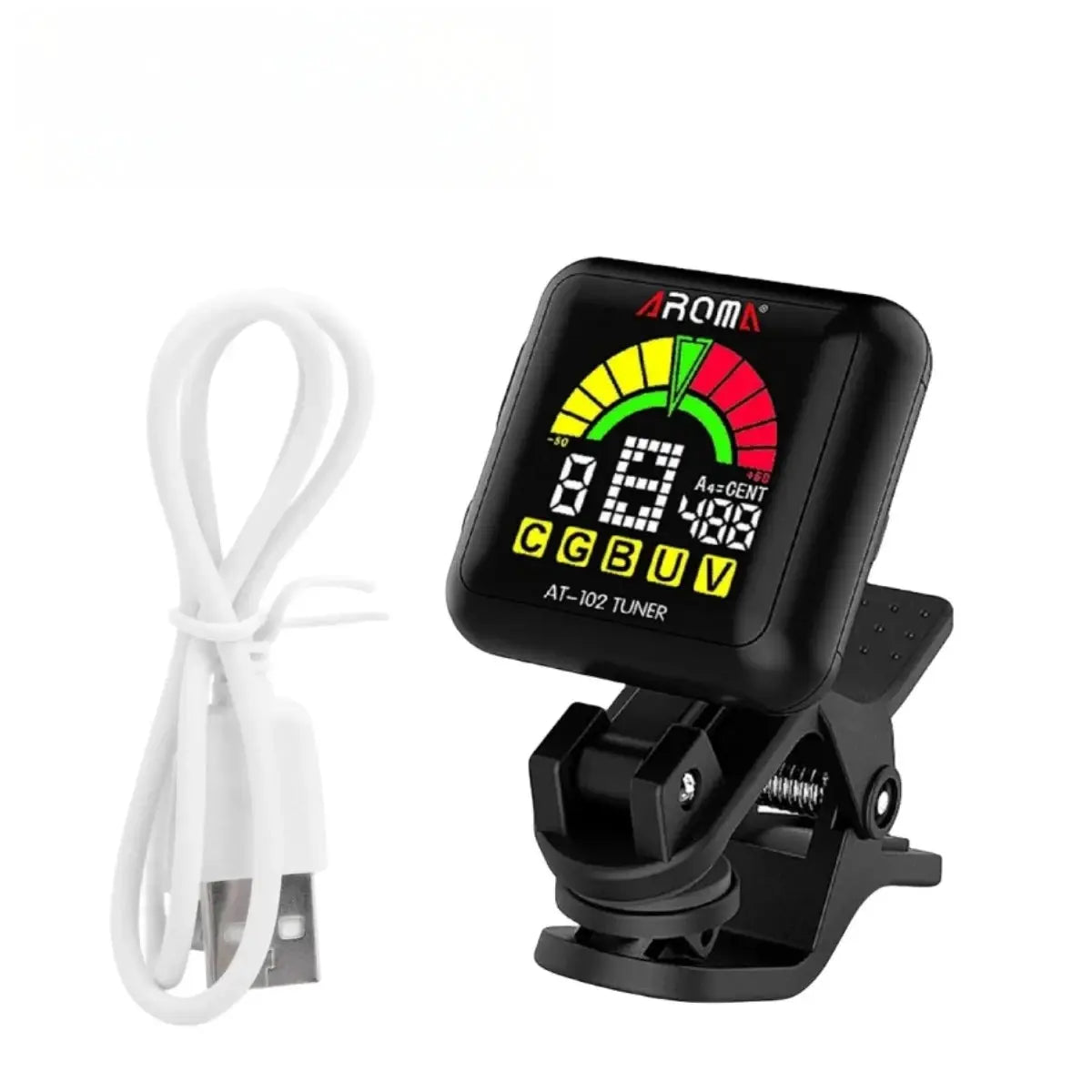 AROMA AT102 Rechargeable Tuner Clip On For Guitar Bass Ukulele Violin Large 360 Degree LCD Display And Built In Battery
