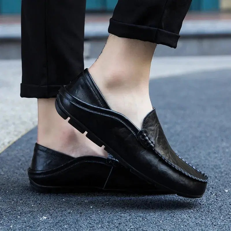 Men's black genuine leather loafers, slip-on moccasin-style casual shoes