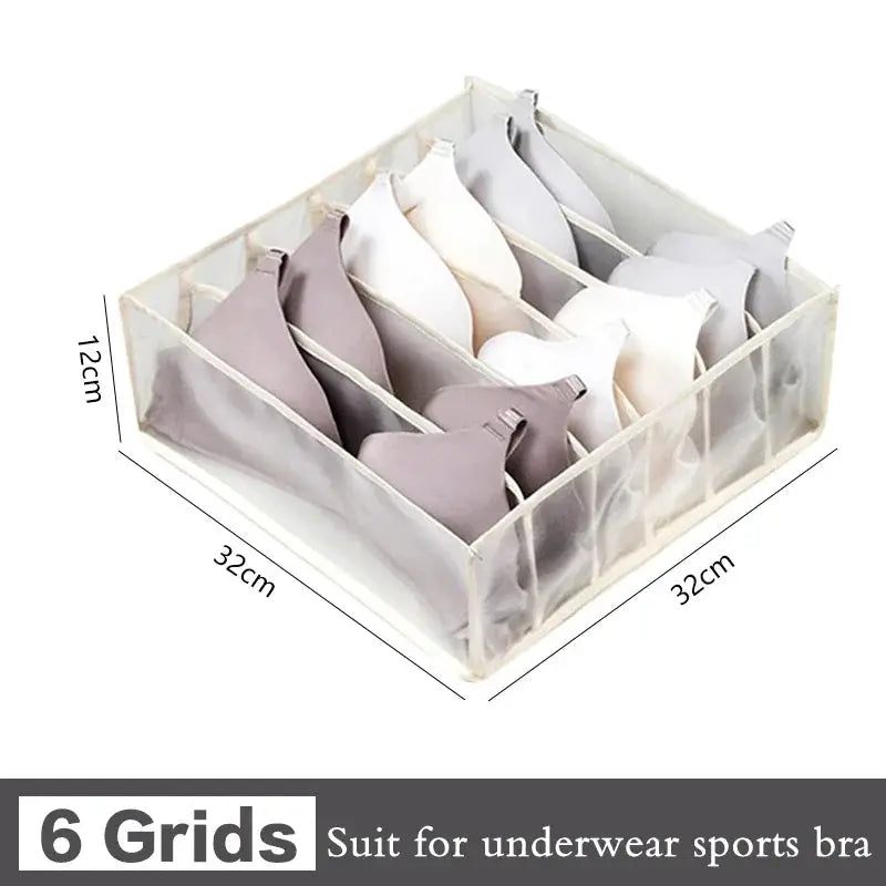 6-grid underwear organizer box for bras, panties, and socks; translucent fabric, 32cm x 32cm x 12cm