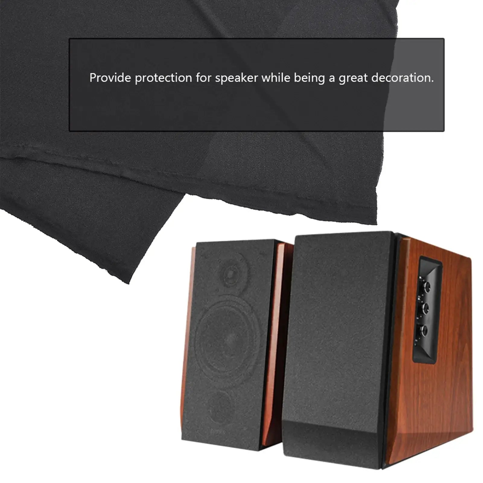 Dustproof black speaker grill cloth, 1.7m x 0.5m, shown with two wood-finish floorstanding speakers.