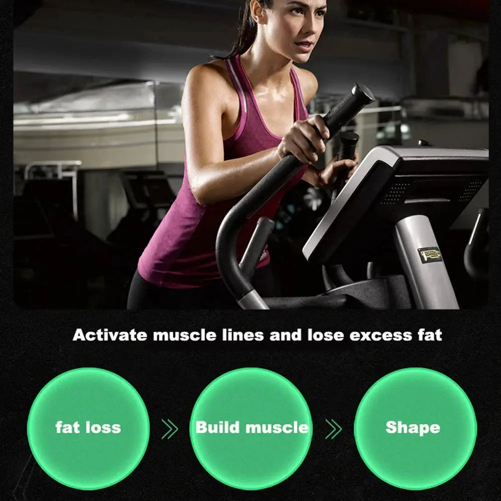 Simples Market USB rechargeable abdominal muscle trainer belt; green fat loss, build muscle indicators.