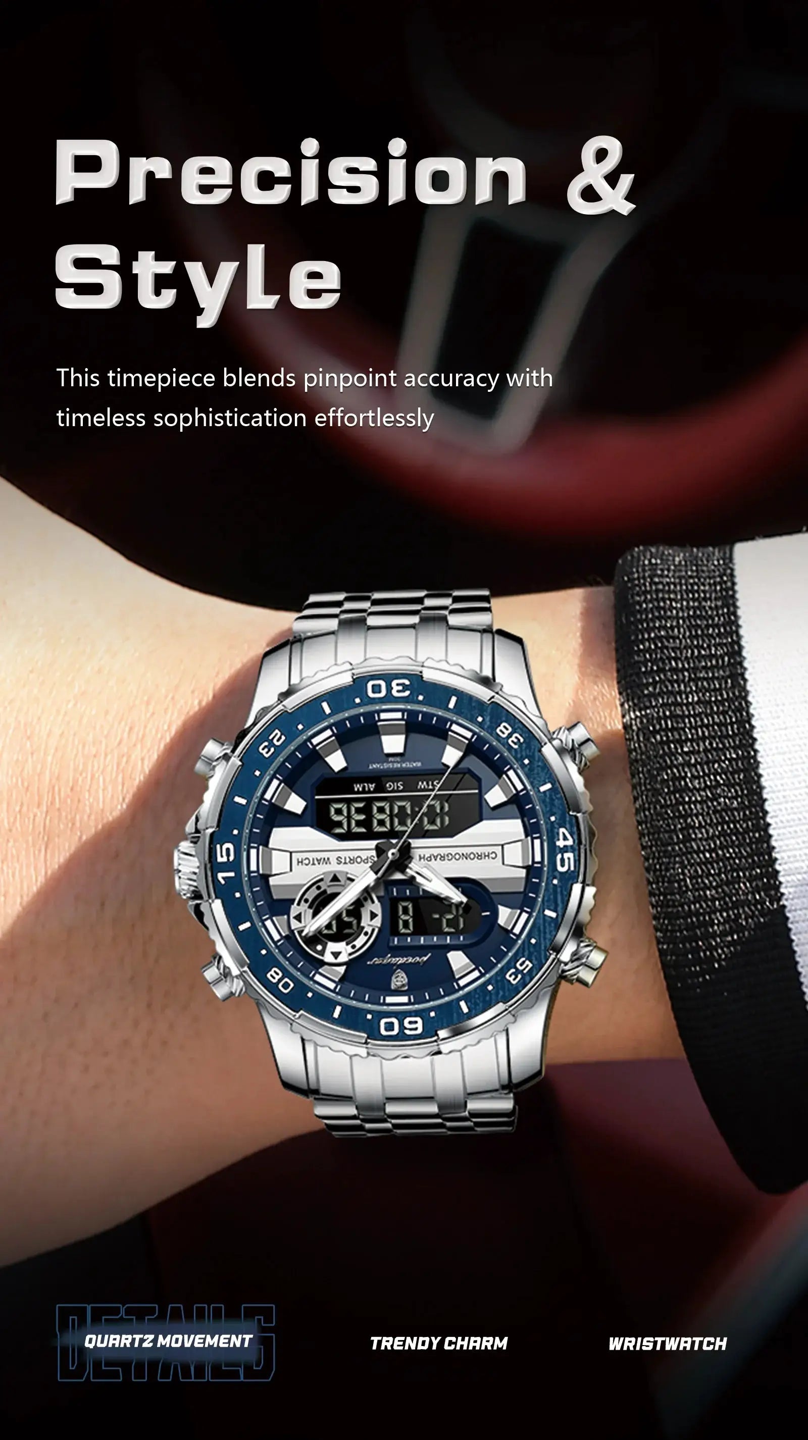 POEDAGAR electronic fashion men's wristwatch with blue bezel stainless steel bracelet LED digital display