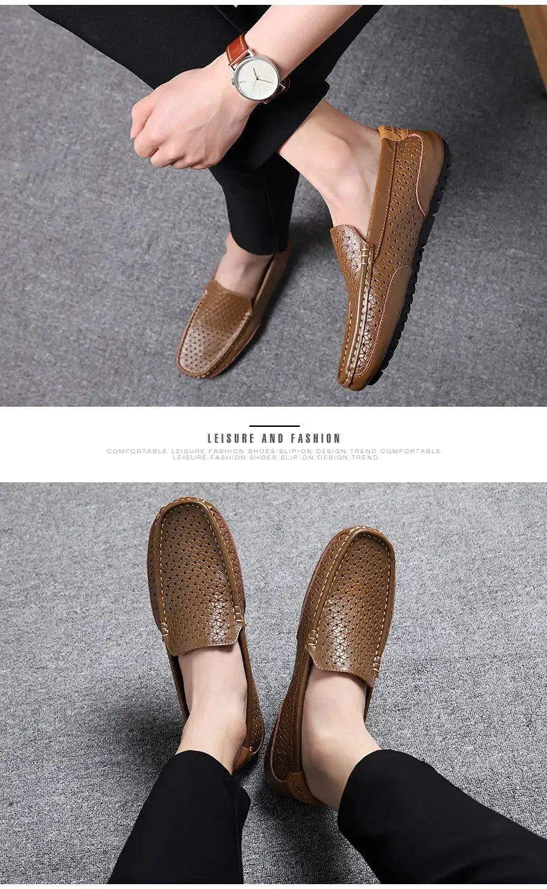 Simples Market men's brown perforated genuine leather loafers, slip-on driving moccasins (pair shown)