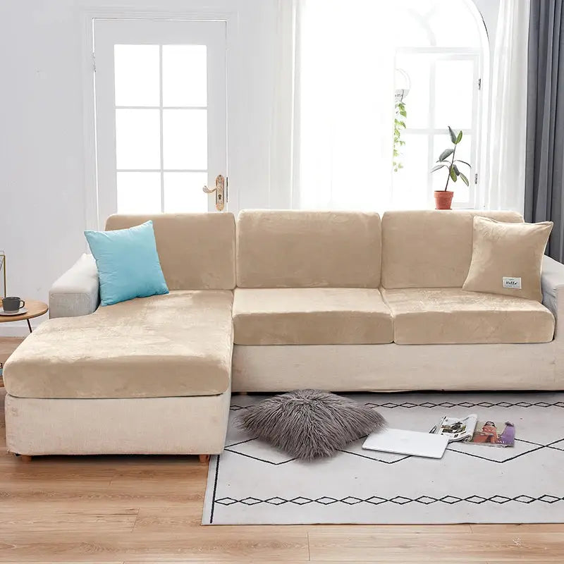 Simples Market 1pc plush beige sofa slipcover with anti-slip elastic for sectional couch