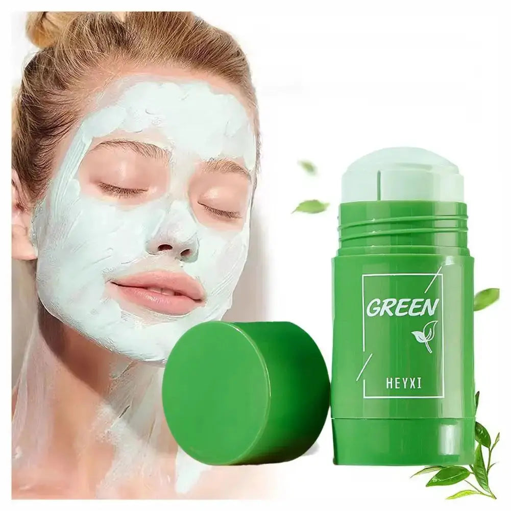 Green tea clay mask stick for the face in a green bottle by Simples Market
