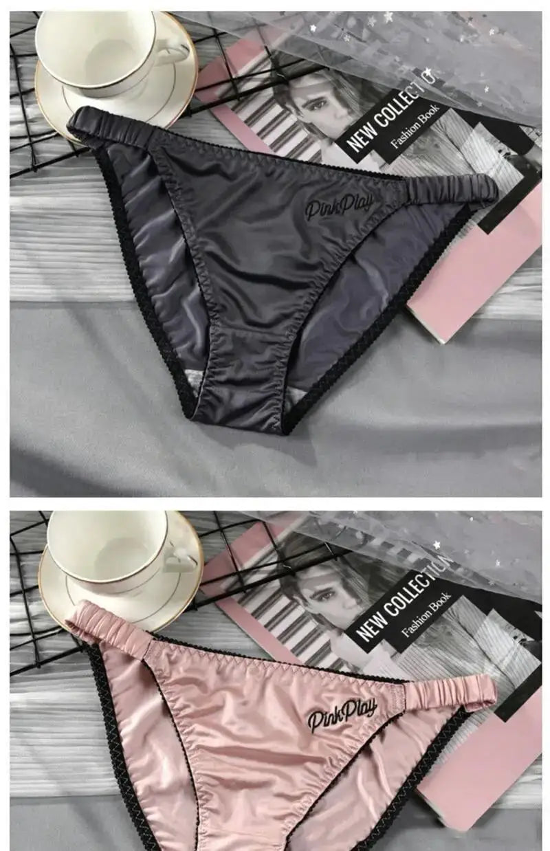 PinkPlay satin girls panties with embroidered letters, black and pink briefs, elastic waistband, set of 2