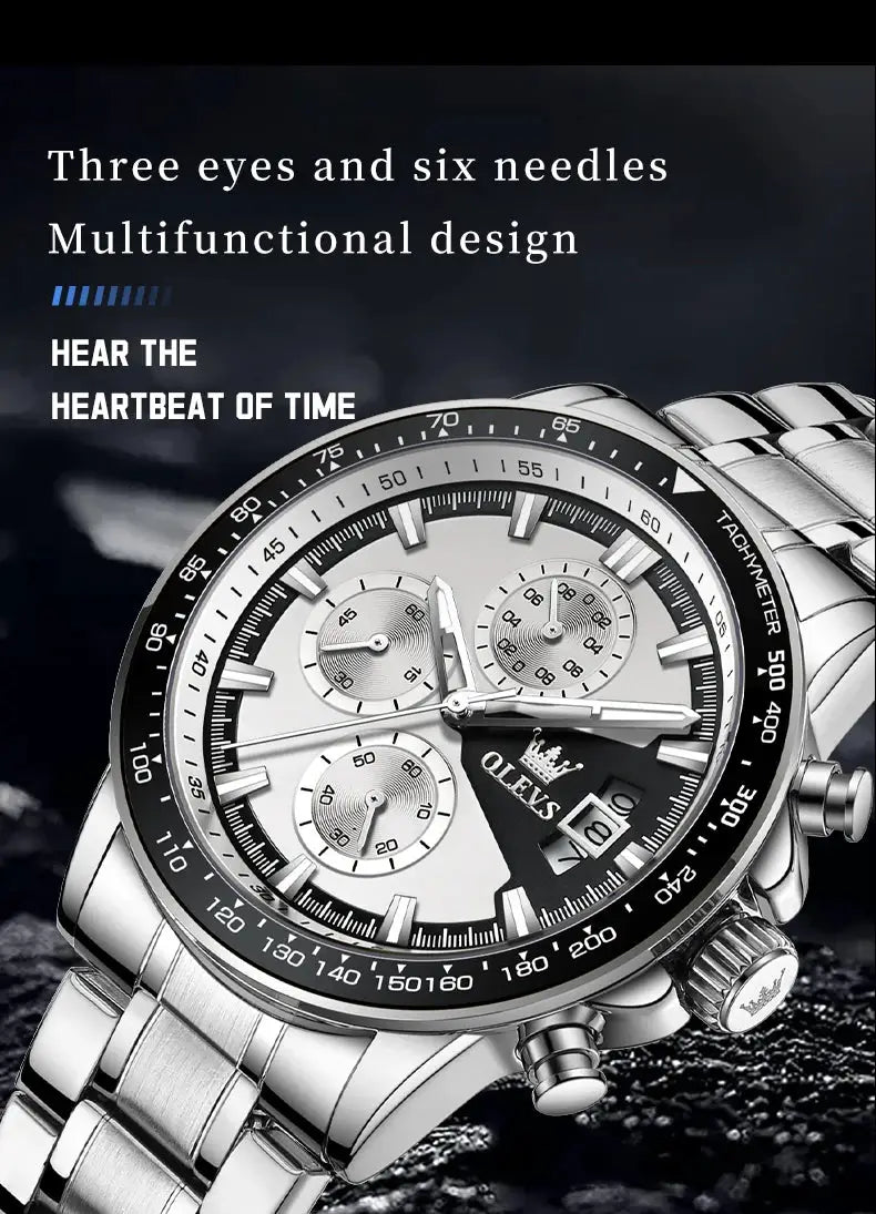 OLEVS TY705 men's stainless steel three-subdial chronograph watch with black bezel and luminous hands
