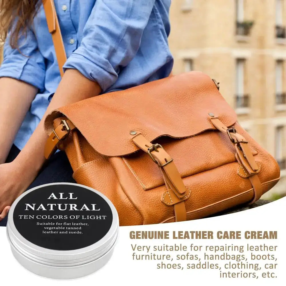 Simples Market leather care cream; all-natural formula in white tin for tan leather bags, shoes and car interiors