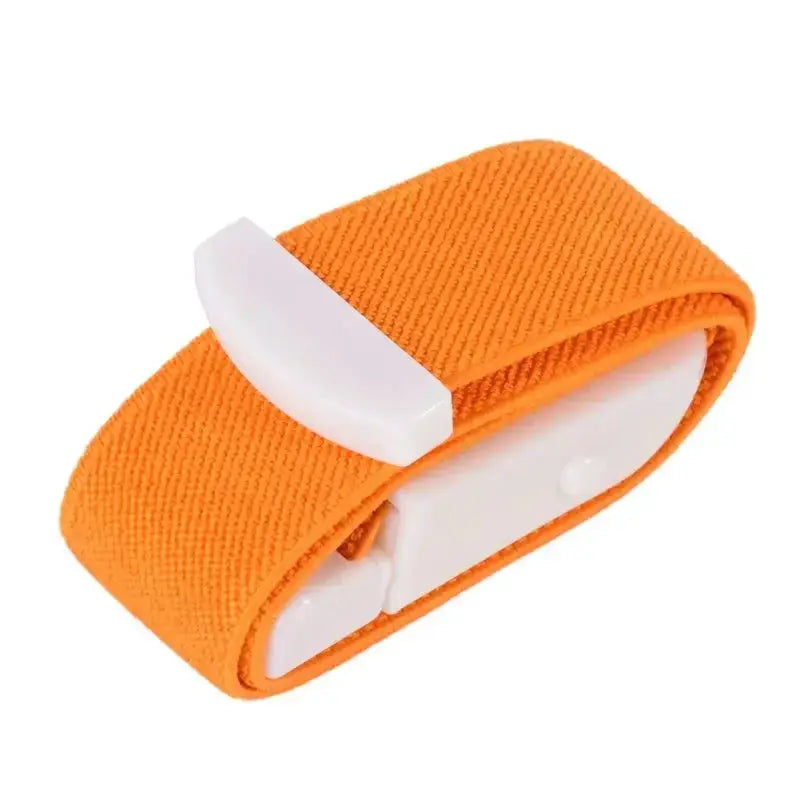 Emergency medical tourniquet orange fabric strap with white plastic buckle