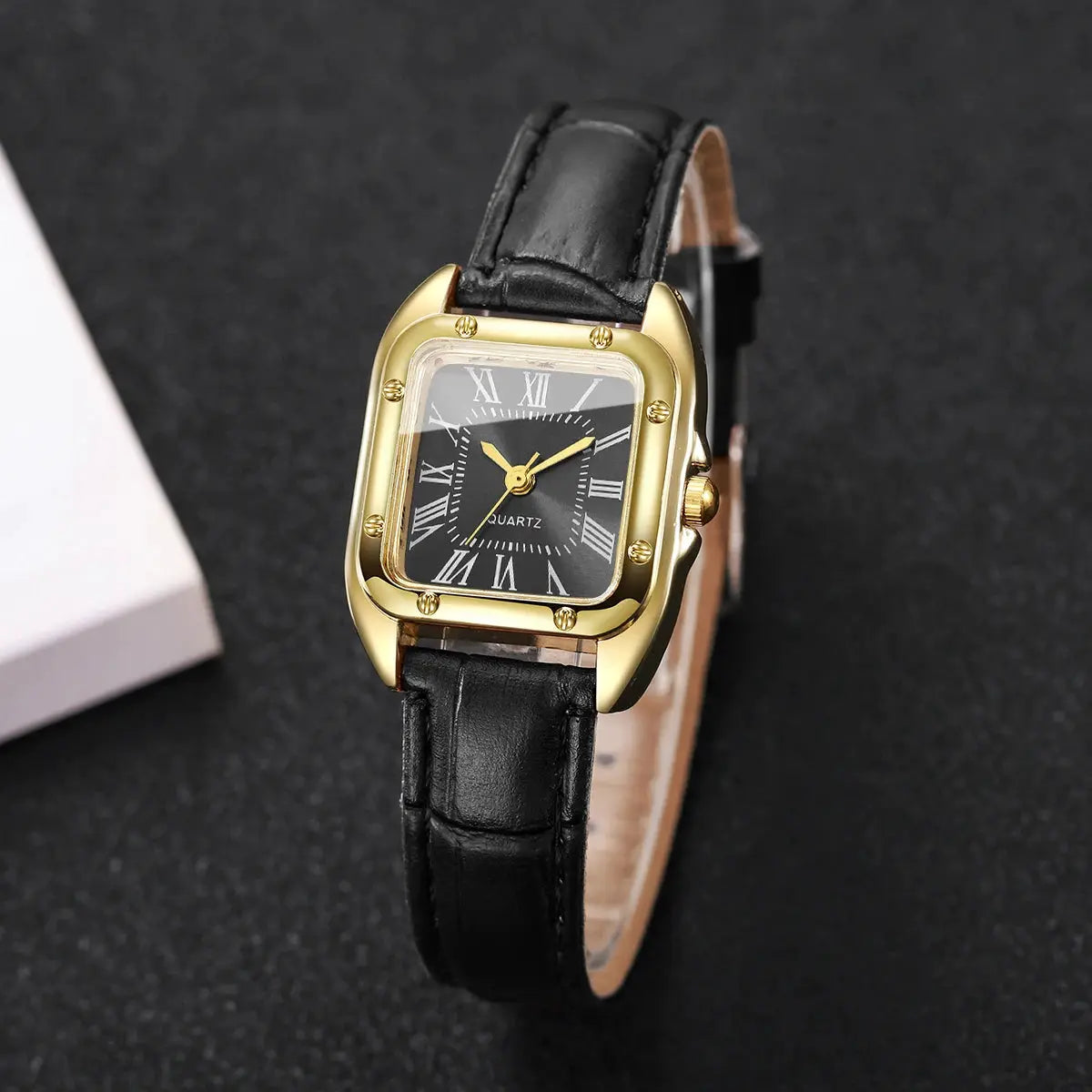 Simples Market fashion square women's leather strap wristwatch with black dial, gold-tone case, quartz