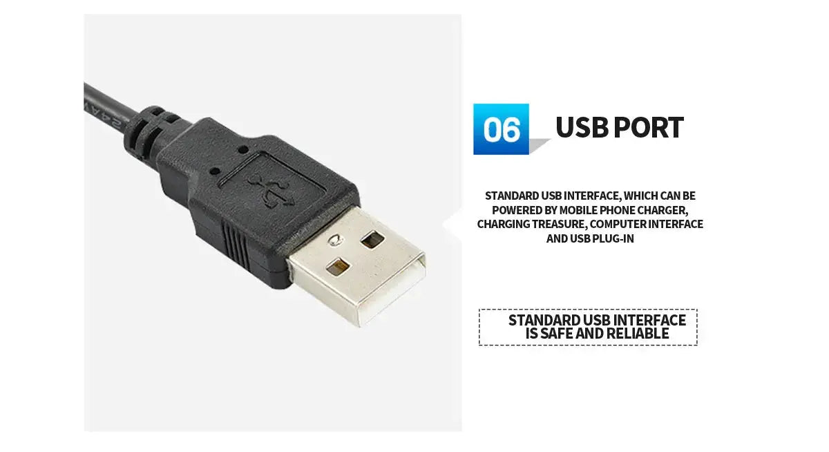 USB A male connector with cable on a gray background; 06 USB PORT label visible.