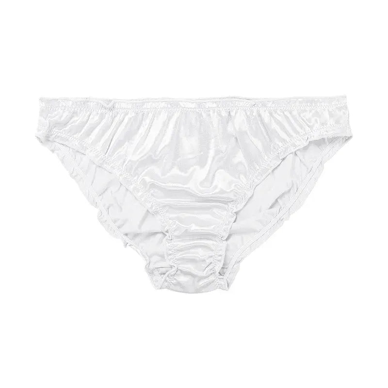 White satin women's low-waist briefs with lace trim and elastic waistband