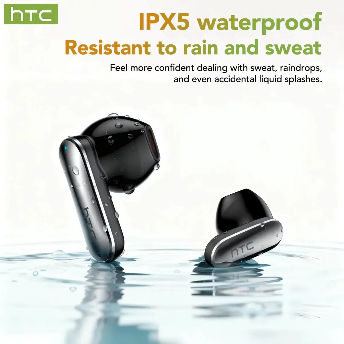 HTC NE48 TWS wireless earbuds with IPX5 waterproof rating, silver and black finish, HTC logo visible