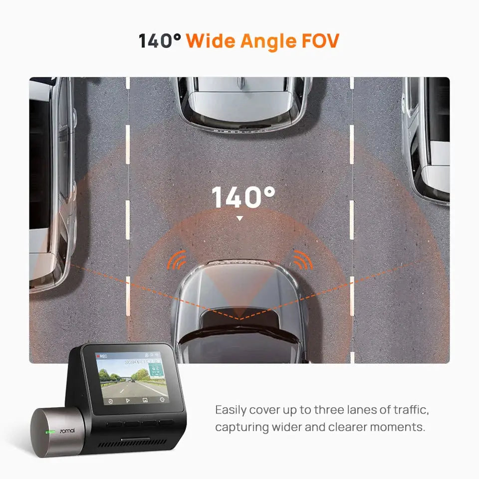 70mai Dash Cam A510 with LCD screen and front camera, 140° wide-angle FOV graphic