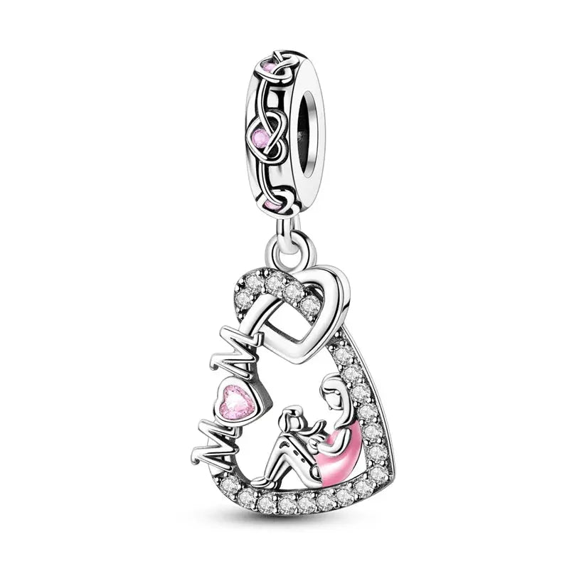 Mother's Day 925 Sterling Silver Heart Charms Beads Dangle For Bracelets Love Mom Jewelry Gift