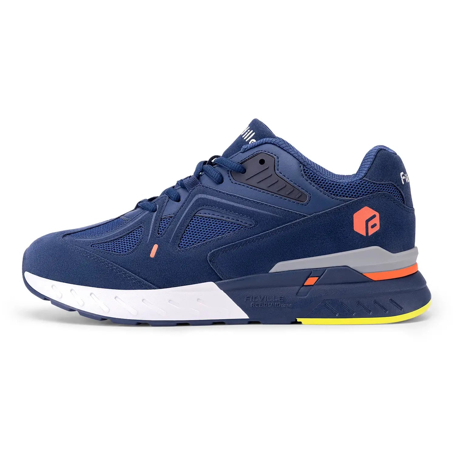 Fittington navy blue men's walking shoes with orange accents, mesh upper and white midsole