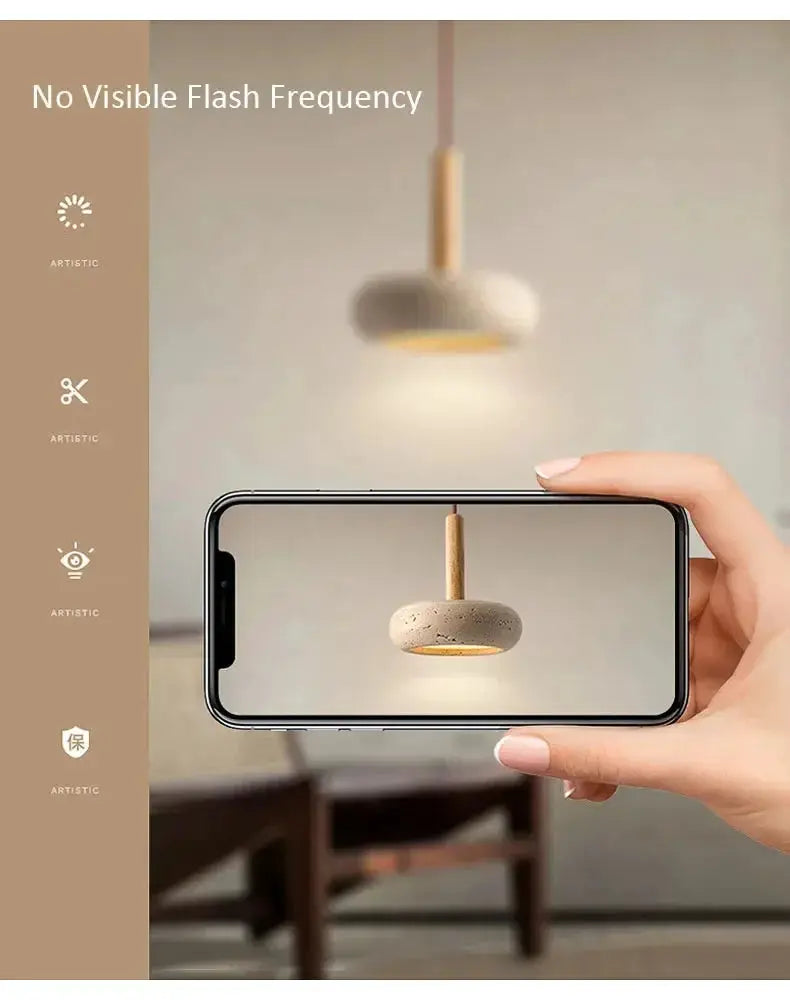 LED pendant lamp, circular yellow stone finish with wooden stem for commercial decor