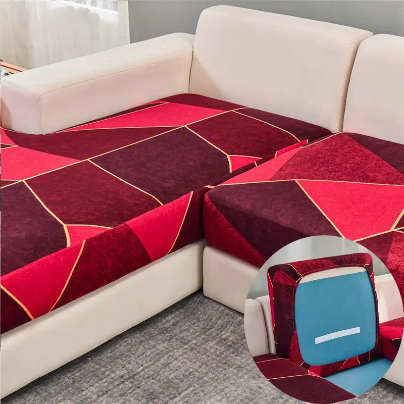 Stretch couch cushion slipcovers by Simples Market; red geometric pattern, anti-slip protectors for individual cushions.
