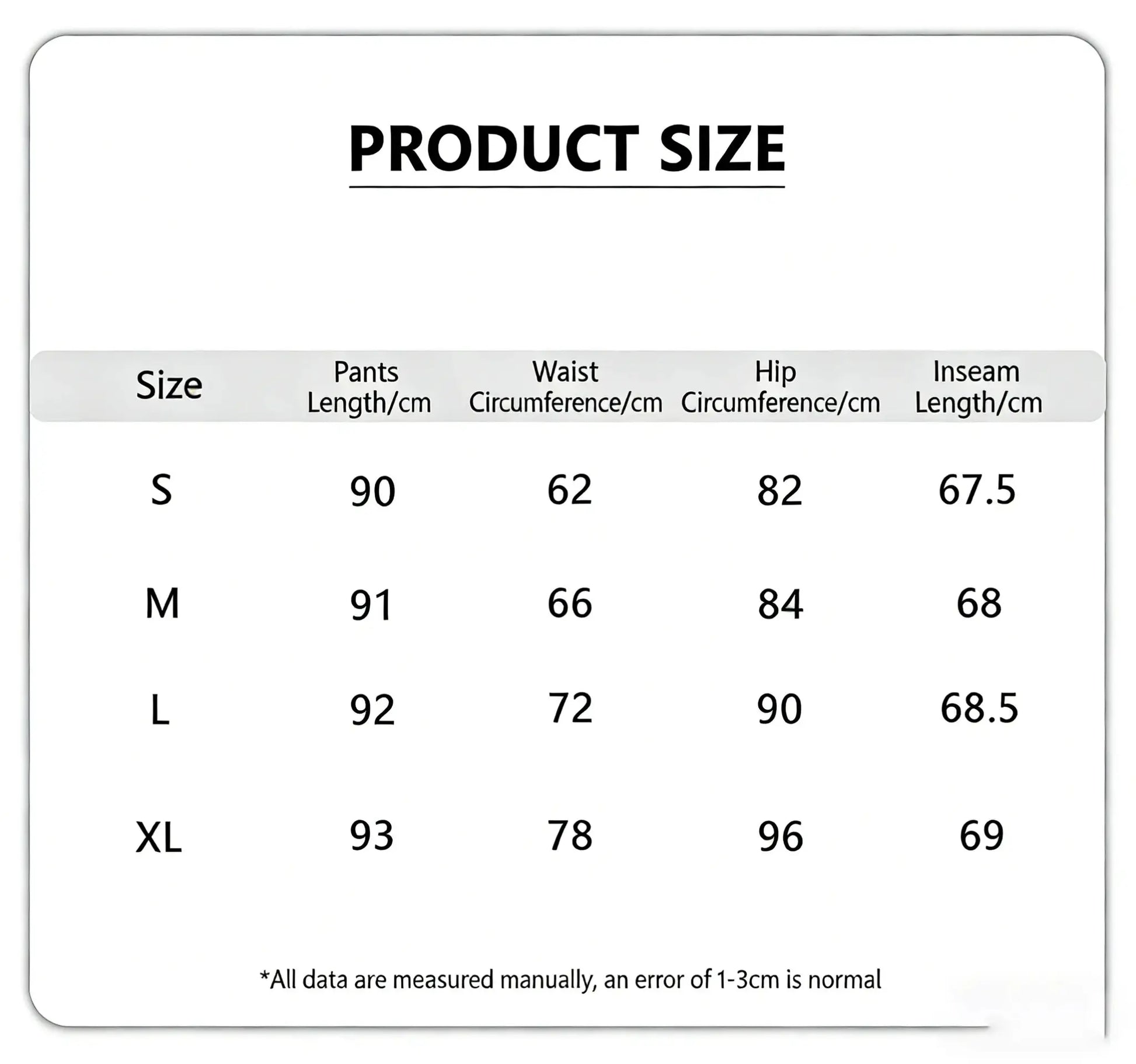 Simples Market women's stretchy leggings size chart showing sizes S-XL with waist, hip and inseam measurements