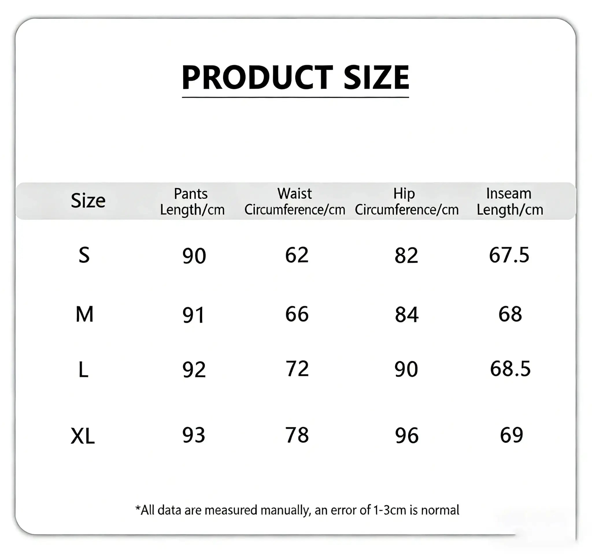 Simples Market women's stretchy leggings size chart showing sizes S-XL with waist, hip and inseam measurements
