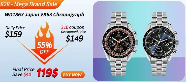 Two stainless steel WD1863 VK63 quartz chronograph watches with black and blue dials