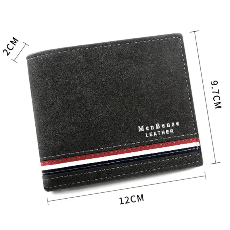 Men's short wallet with zipper coin pocket in black PU leather, slim card holder, MenBense Leather