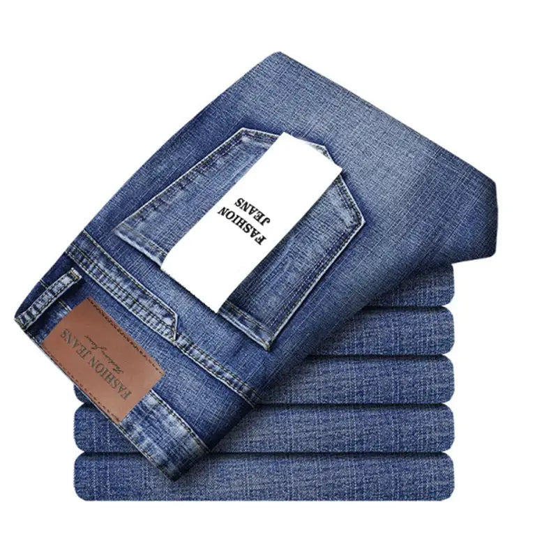 Wthinlee men's blue denim jeans stacked in a 5-pair display; straight-leg stretch with leather patch branding