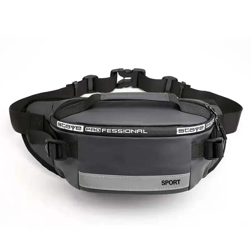 Fanny pack waist bag, black and gray nylon with anti-theft design, adjustable belt and front zip pocket